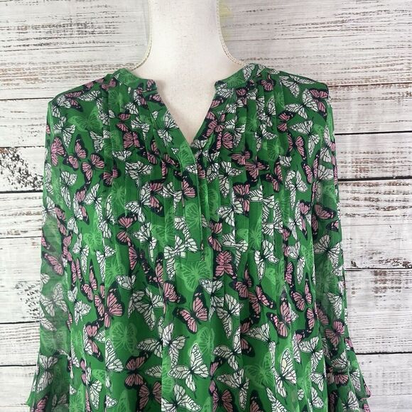 Charter Club Blouse Tunic size Small Green Pink Butterflies Modest Career Casual - Picture 2 of 8